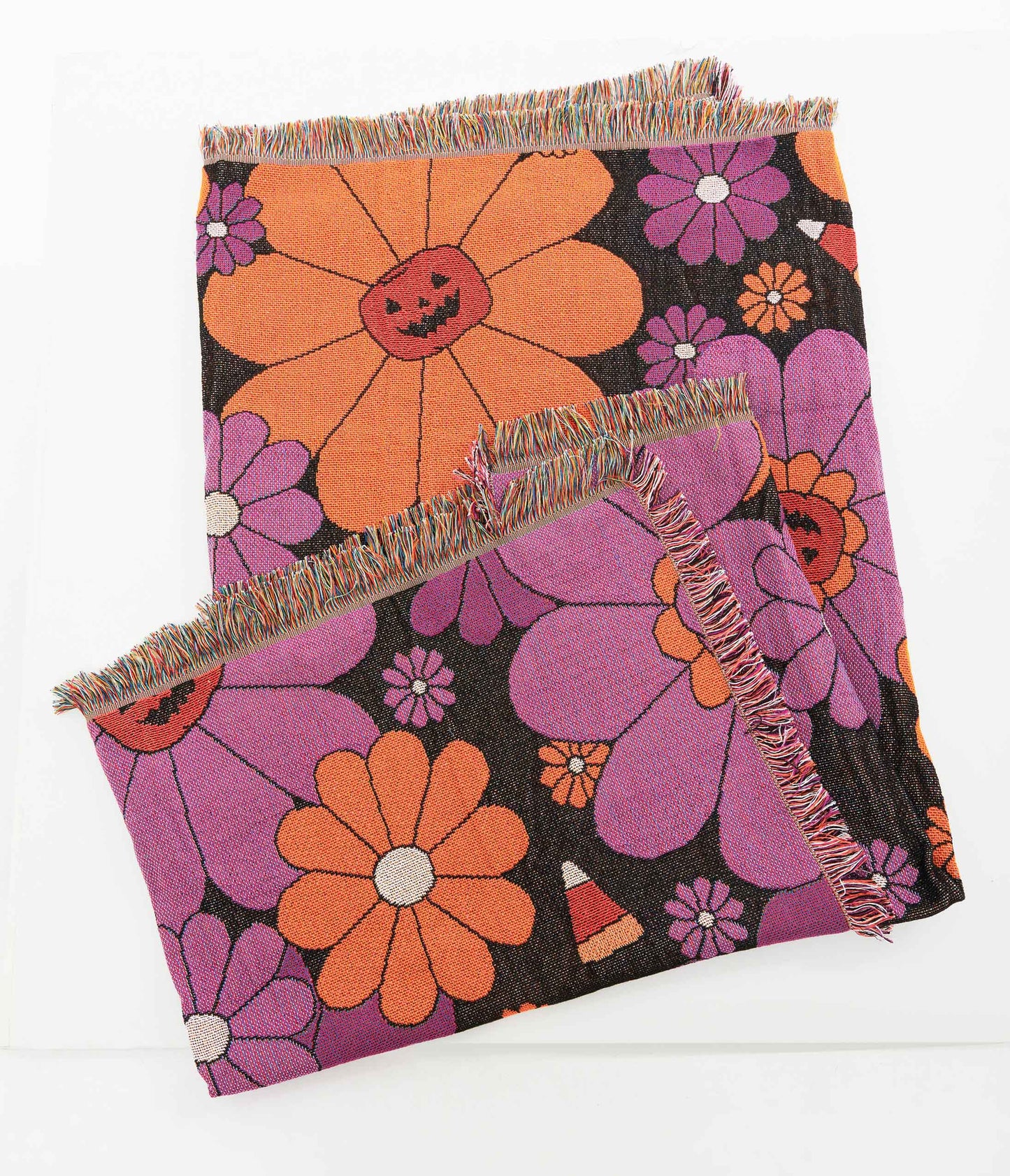 Smak Parlour Groovy Pumpkin Floral Fringe Blanket - Unique Vintage - Womens, HALLOWEEN, ACCESSORIES