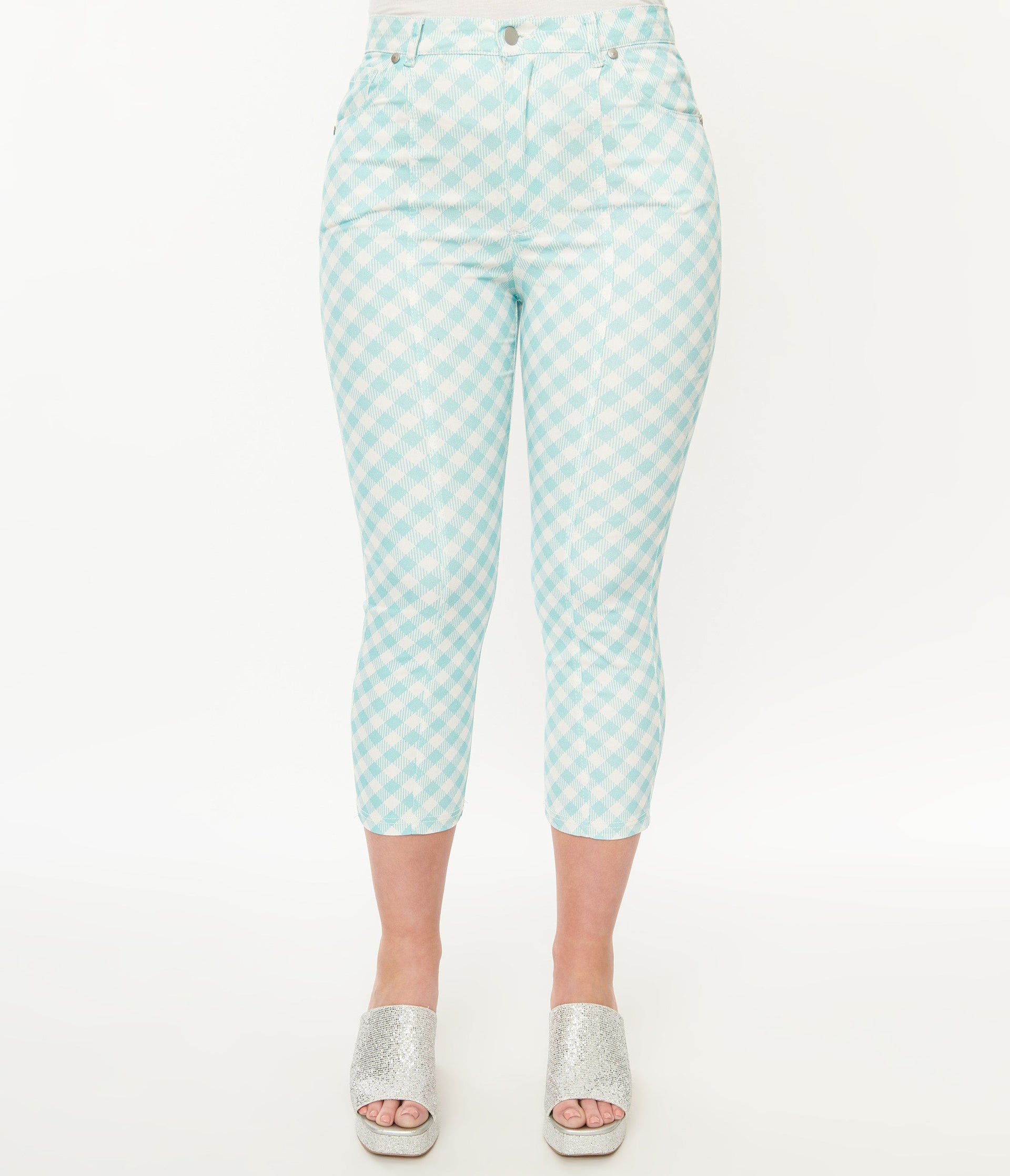 Smak Parlour Light Blue & White Gingham Capri Pants - Unique Vintage - Womens, BOTTOMS, CAPRI