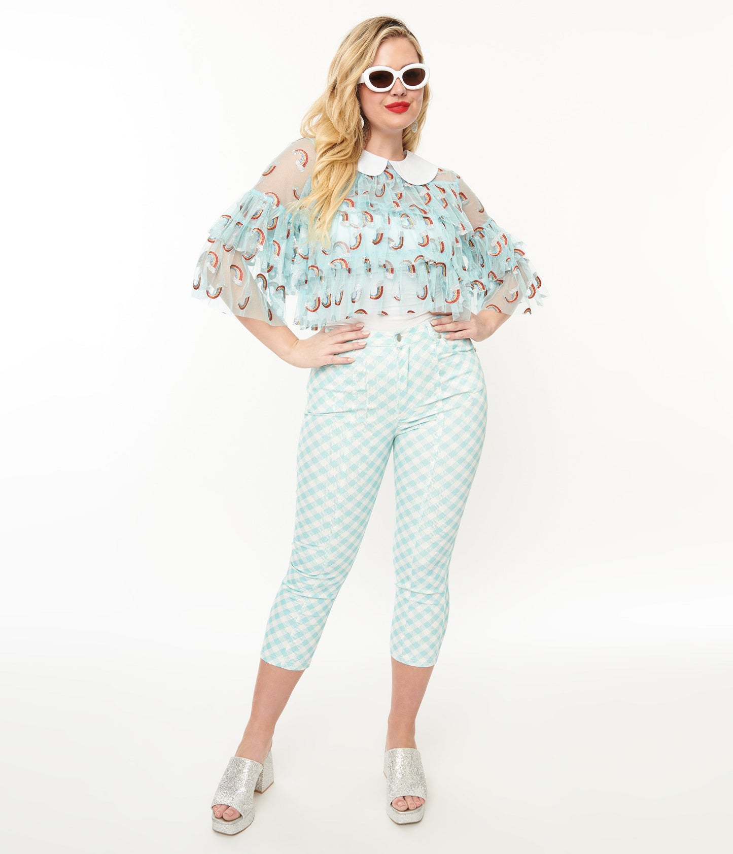 Smak Parlour Light Blue & White Gingham Capri Pants - Unique Vintage - Womens, BOTTOMS, CAPRI