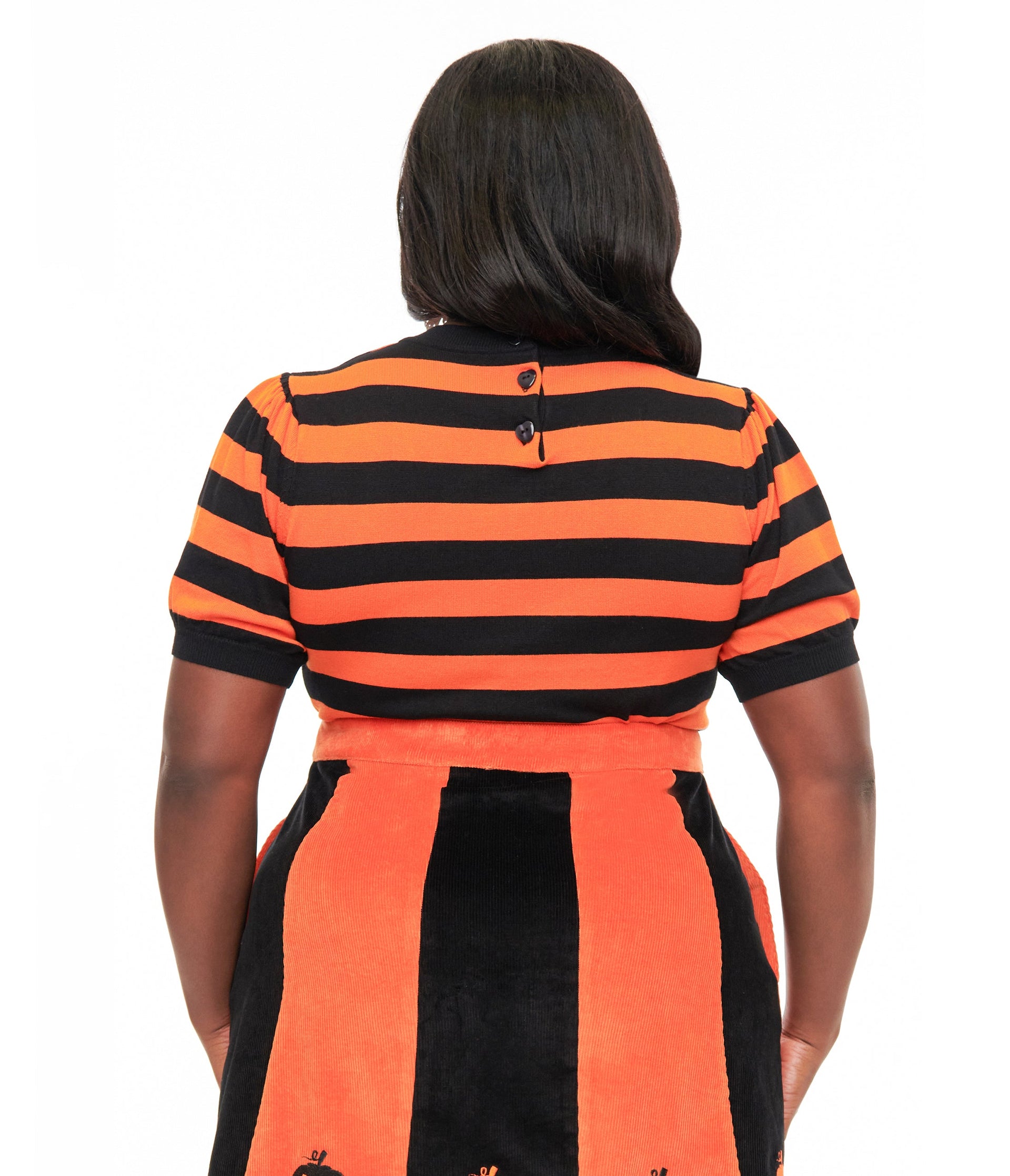 Smak Parlour Plus Size 1950s Black & Orange Stripe Heart Sweater - Unique Vintage - Womens, HALLOWEEN, TOPS