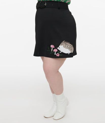 Smak Parlour Plus Size 1960s Black Hedgehog Embroidered Easy Does It Mini Skirt - Unique Vintage - Womens, BOTTOMS, SKIRTS