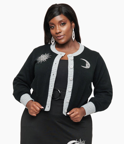 Smak Parlour Plus Size 1960s Black & Silver Celestial Embroidered Cropped Cardigan - Unique Vintage - Womens, TOPS, SWEATERS