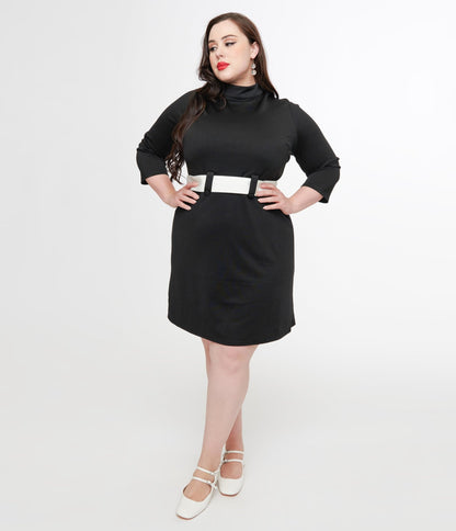 Smak Parlour Plus Size 1960s Black & White Belted A - Line Dress - Unique Vintage - Womens, DRESSES, A - LINE