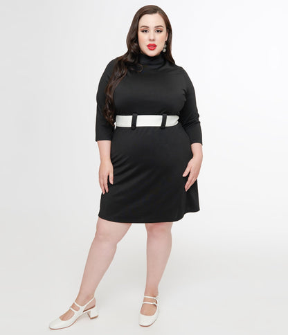 Smak Parlour Plus Size 1960s Black & White Belted A - Line Dress - Unique Vintage - Womens, DRESSES, A - LINE