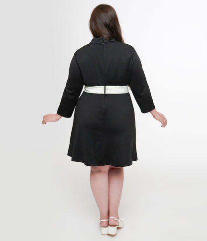 Smak Parlour Plus Size 1960s Black & White Belted A - Line Dress - Unique Vintage - Womens, DRESSES, A - LINE