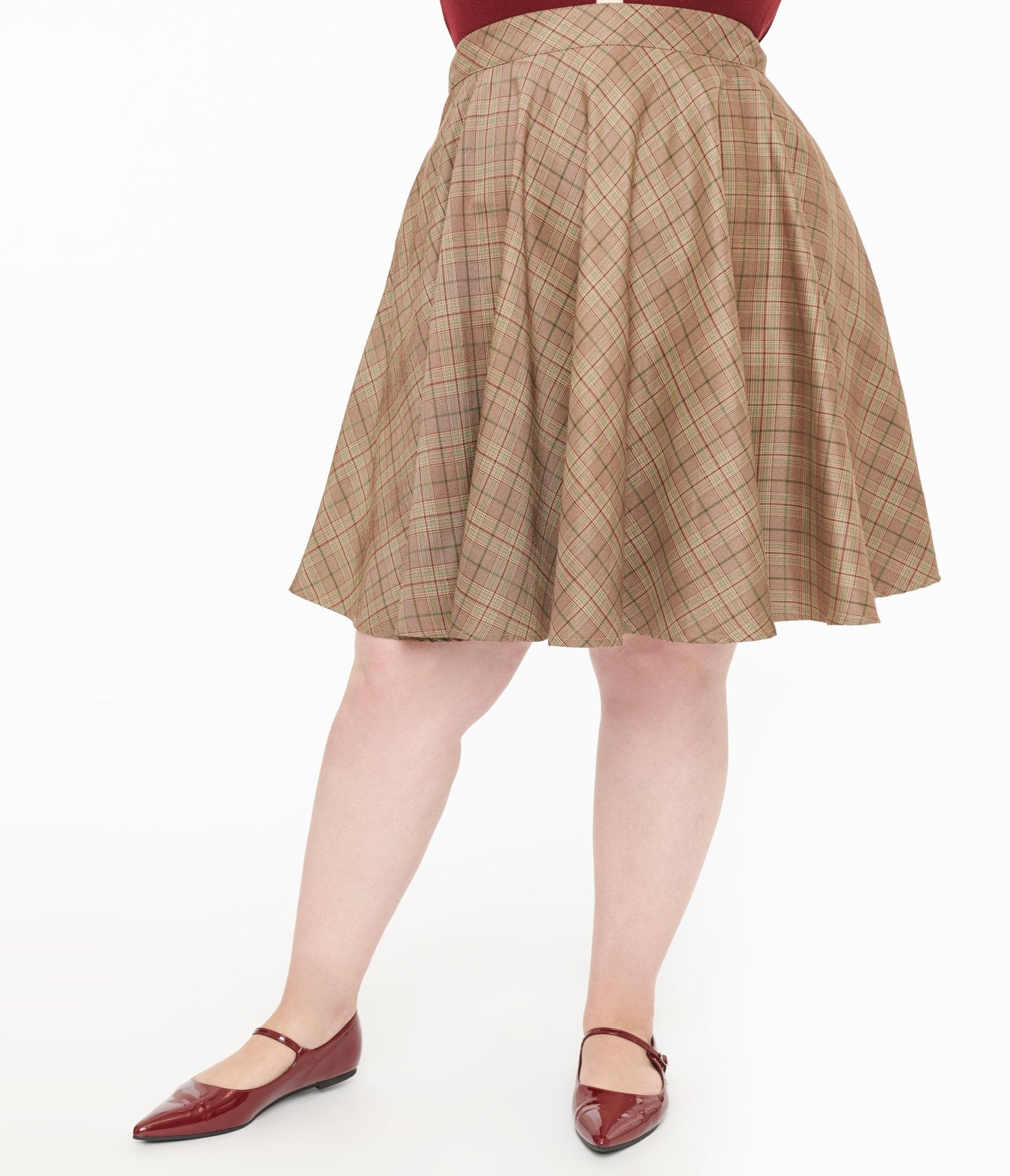 Smak Parlour Plus Size 1960s Brown And Green Plaid Scene Flare Skirt Unique Vintage