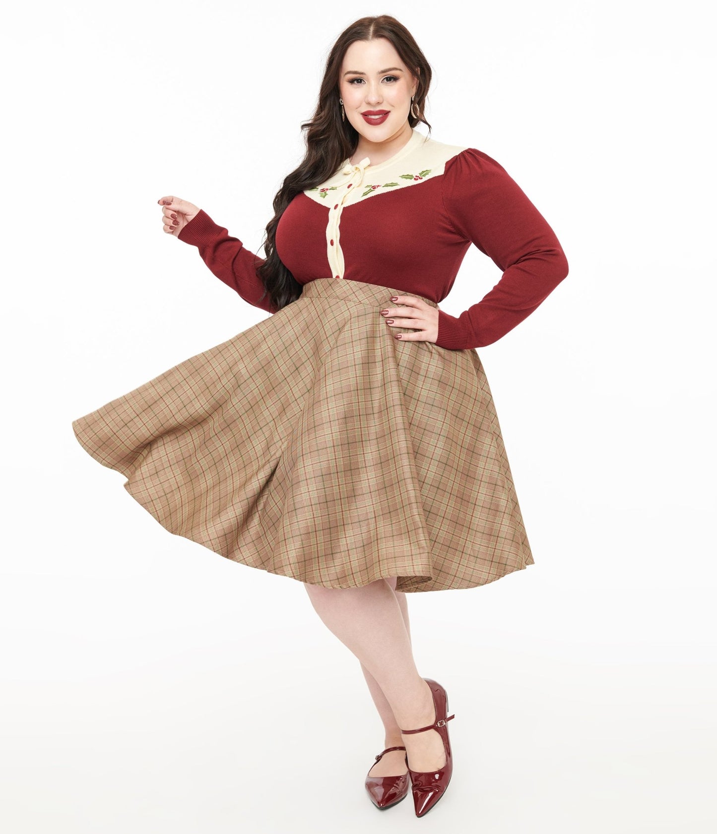 Smak Parlour Plus Size 1960s Brown & Green Plaid Scene Flare Skirt - Unique Vintage - Womens, BOTTOMS, SKIRTS