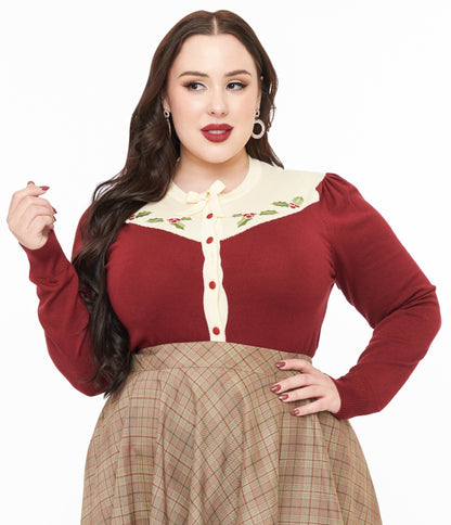 Smak Parlour Plus Size 1960s Burgundy & Ivory Mistletoe Cardigan - Unique Vintage - Womens, TOPS, SWEATERS