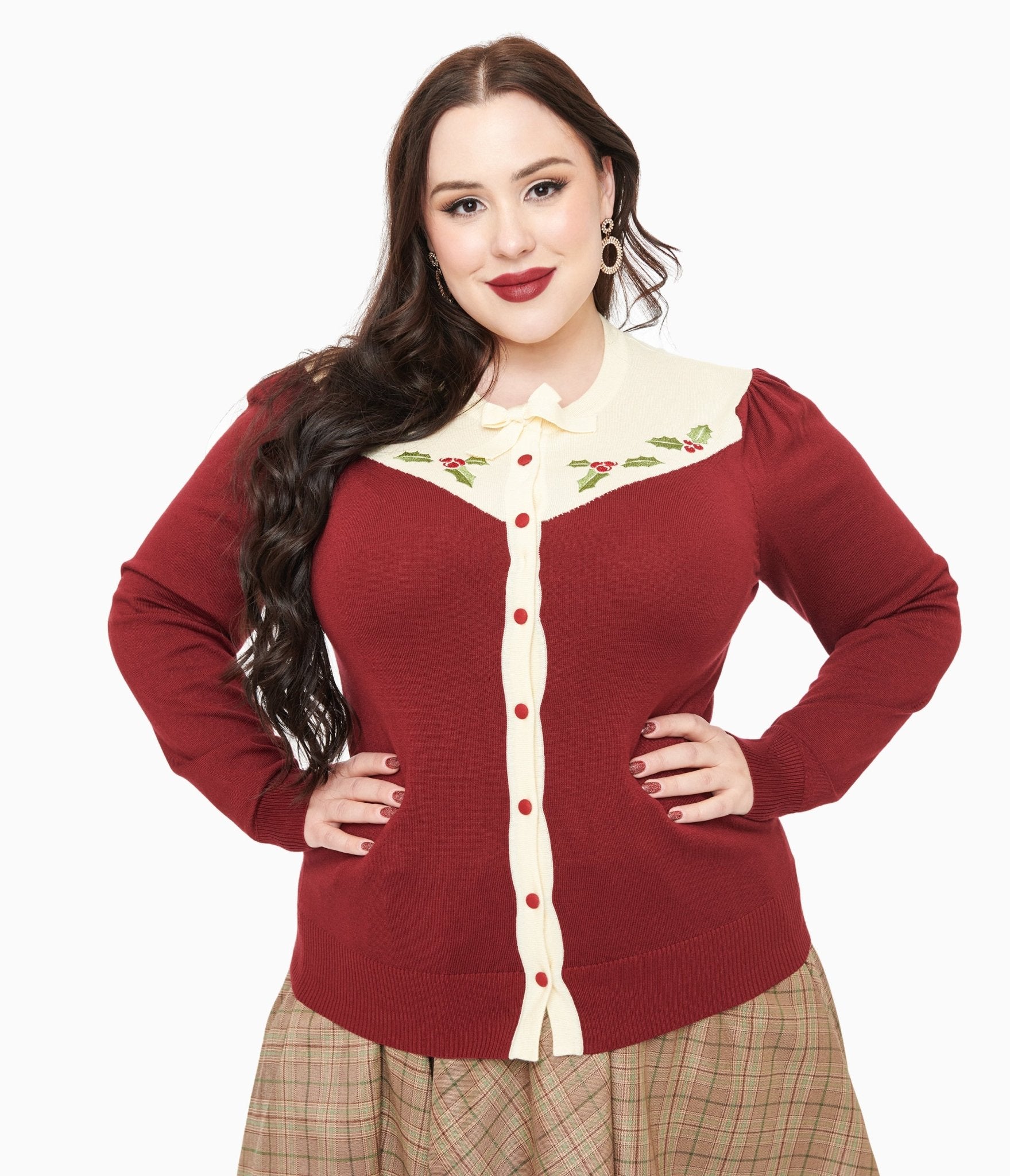 Smak Parlour Plus Size 1960s Burgundy & Ivory Mistletoe Cardigan - Unique Vintage - Womens, TOPS, SWEATERS