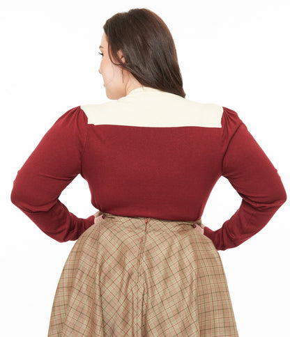 Smak Parlour Plus Size 1960s Burgundy & Ivory Mistletoe Cardigan - Unique Vintage - Womens, TOPS, SWEATERS