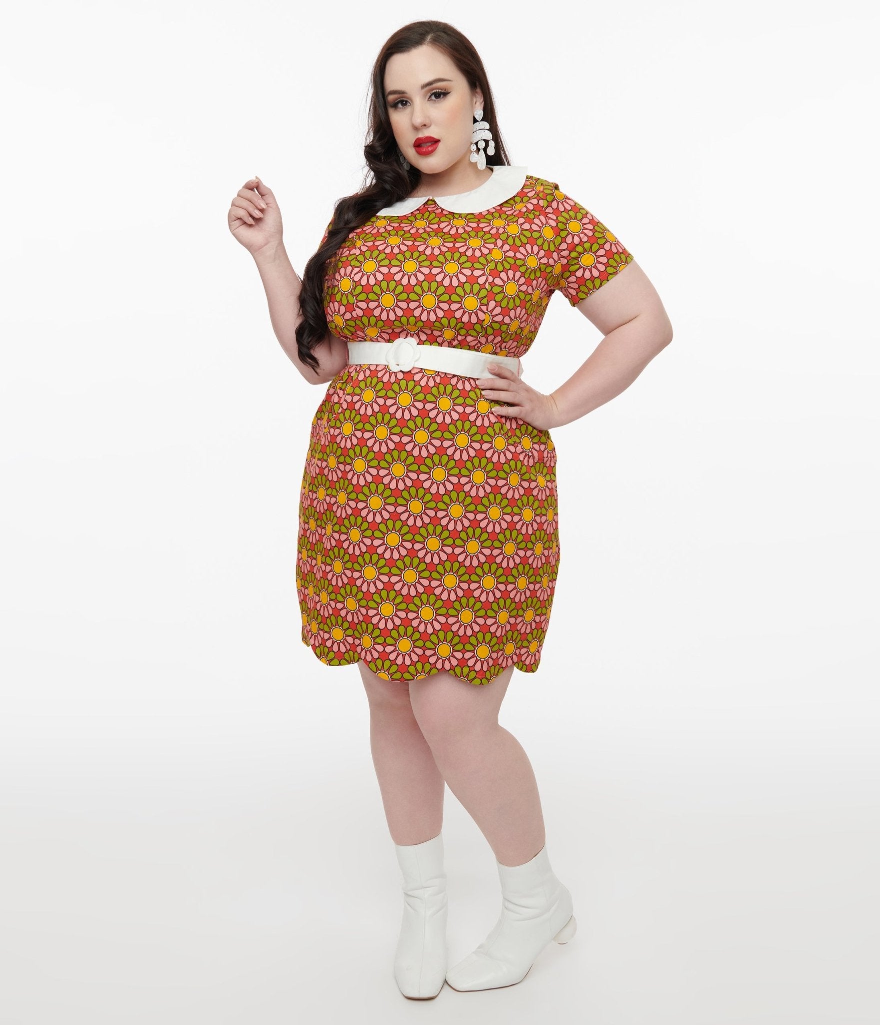 Smak Parlour Plus Size 1960s Green & Pink Flower Power Mini Dress - Unique Vintage - Womens, DRESSES, A - LINE