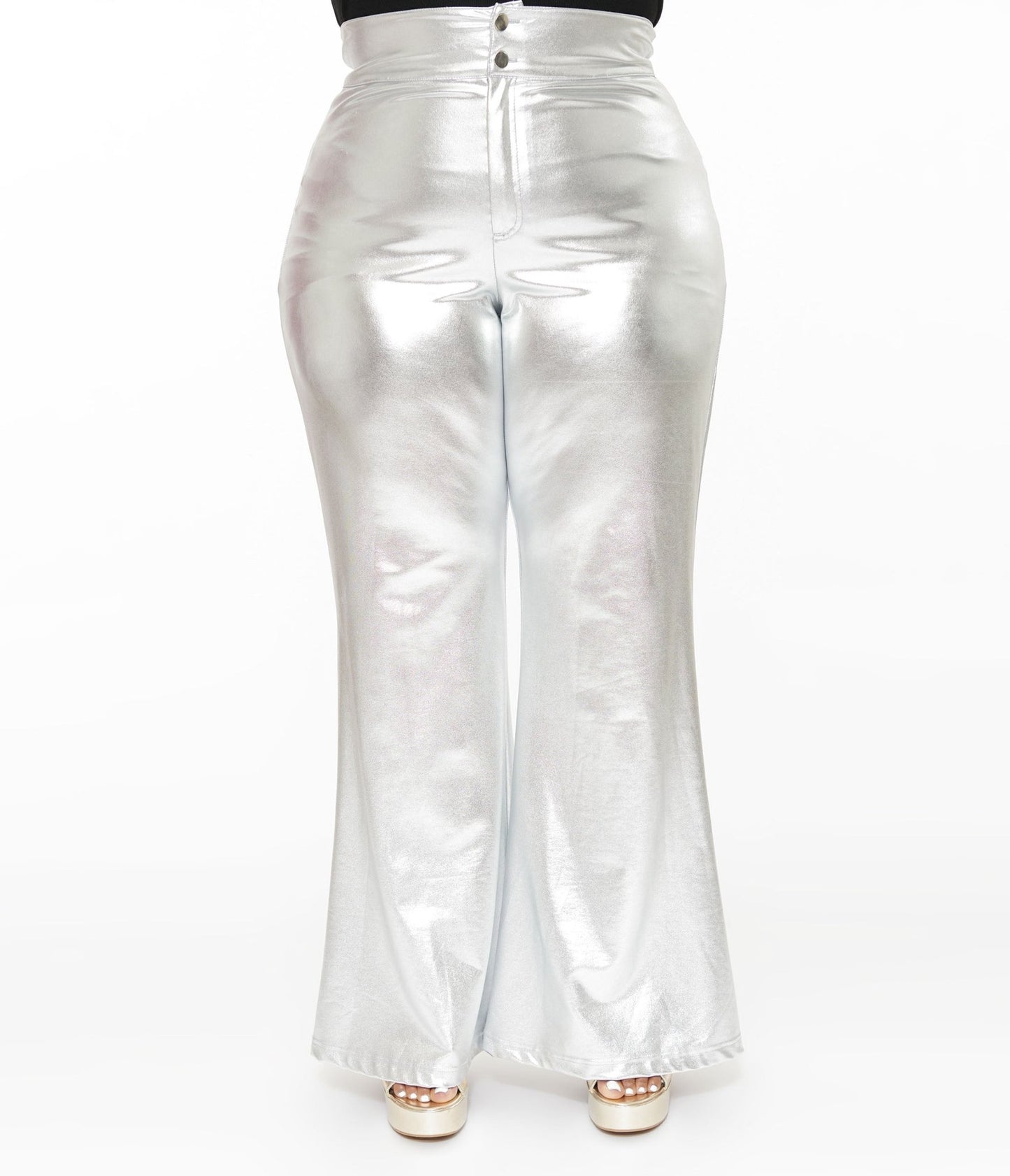 Smak Parlour Plus Size 1960s Metallic Silver High Waist Flare Pants - Unique Vintage - Womens, BOTTOMS, PANTS