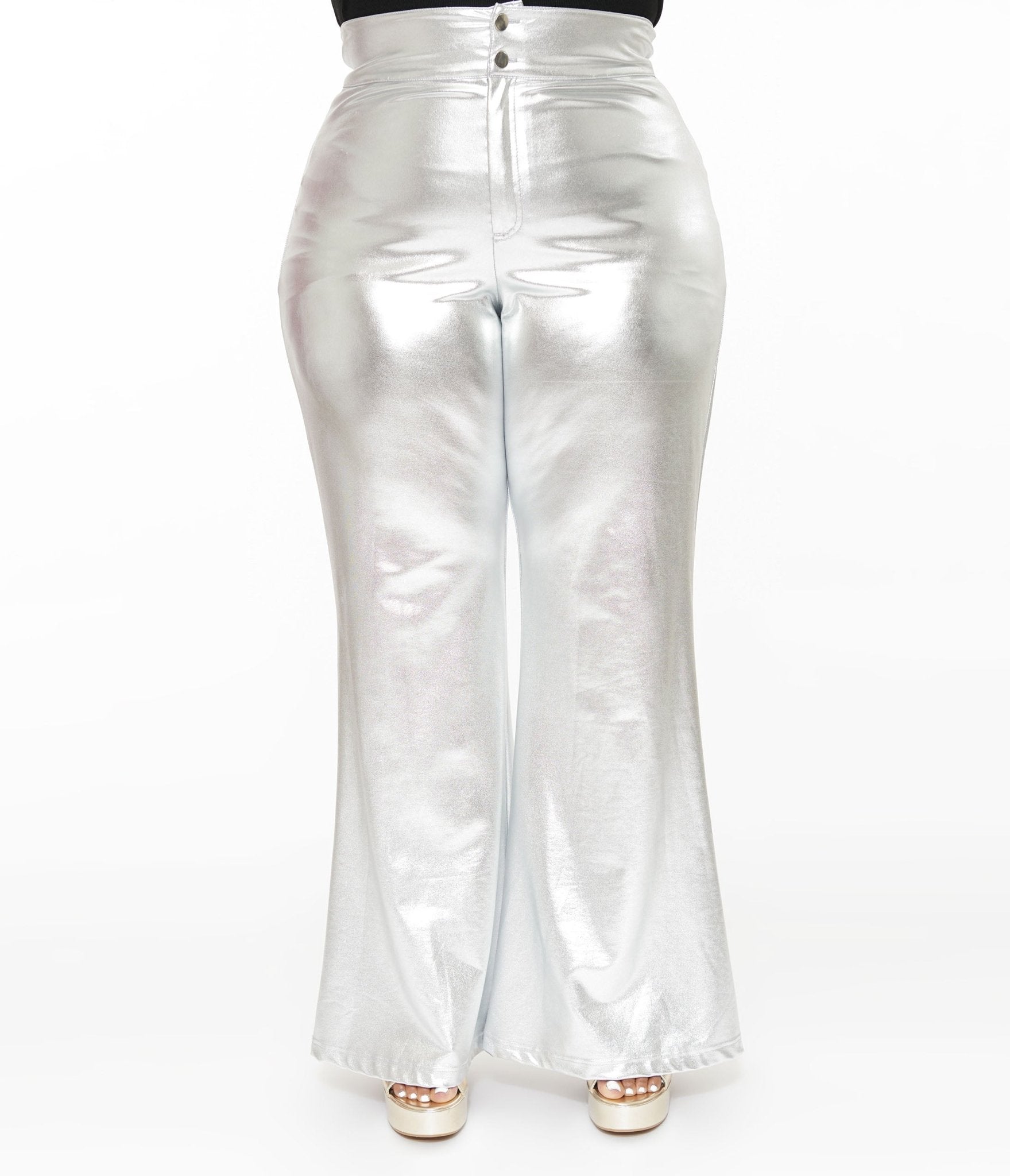 Smak Parlour Plus Size 1960s Metallic Silver High Waist Flare Pants - Unique Vintage - Womens, BOTTOMS, PANTS