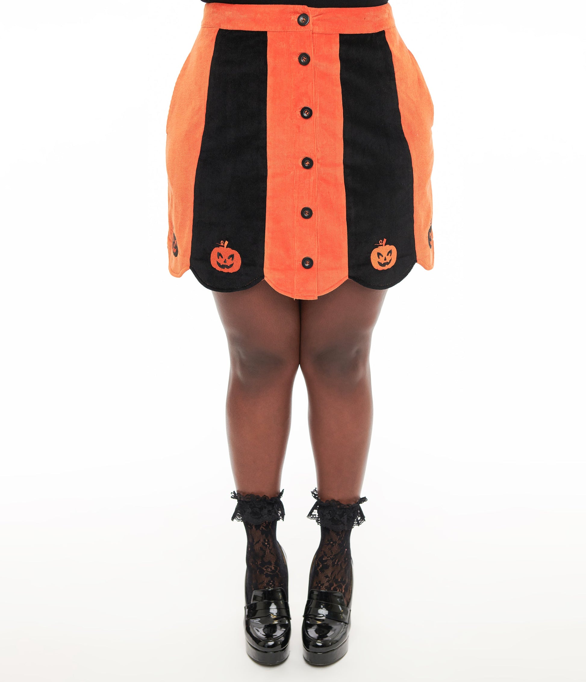 Smak Parlour Plus Size 1960s Orange & Black Pumpkin Corduroy Mini Skirt - Unique Vintage - Womens, HALLOWEEN, BOTTOMS