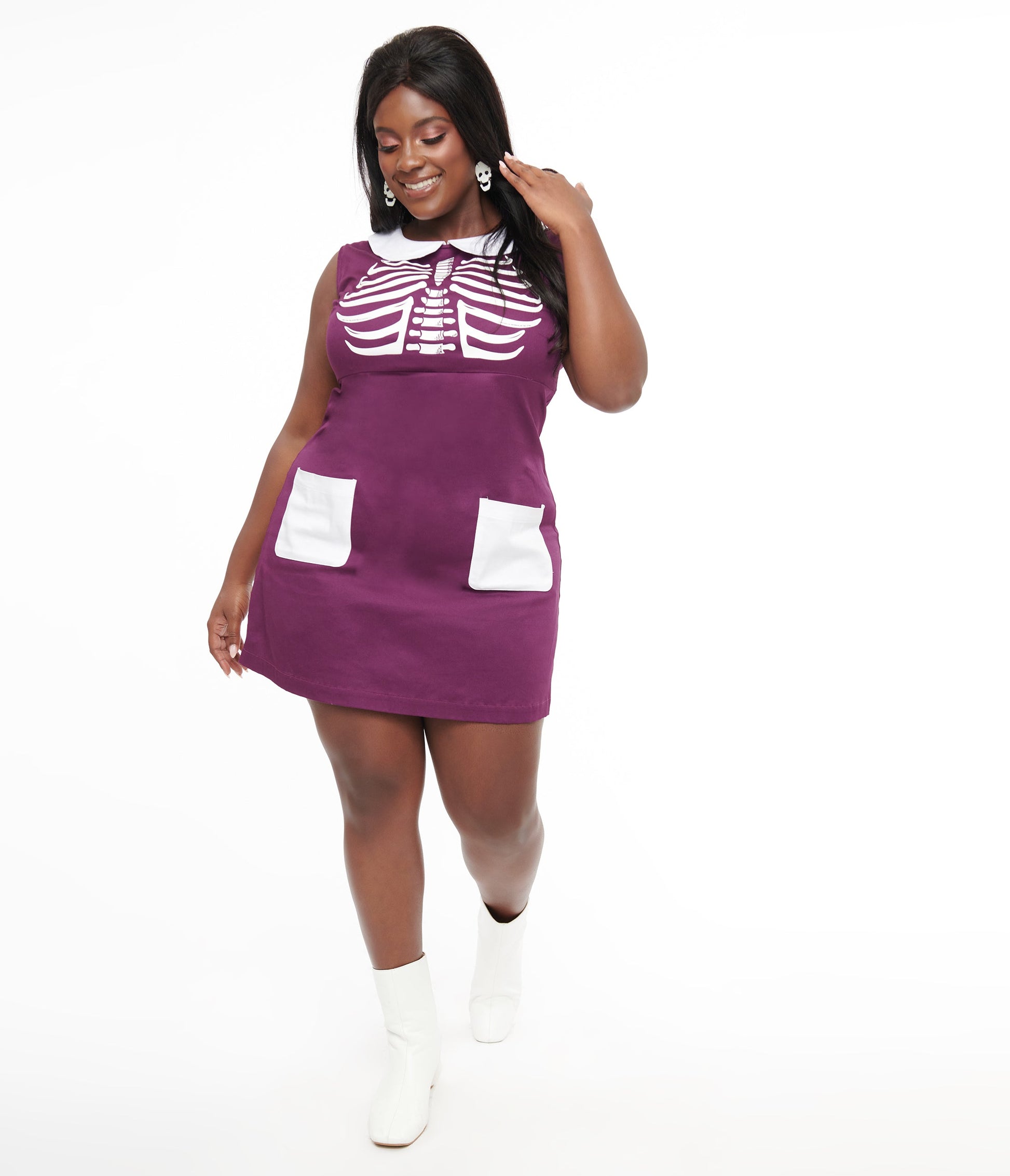 Smak Parlour Plus Size 1960s Purple & White Skeleton Power Mini Dress - Unique Vintage - Womens, HALLOWEEN, DRESSES