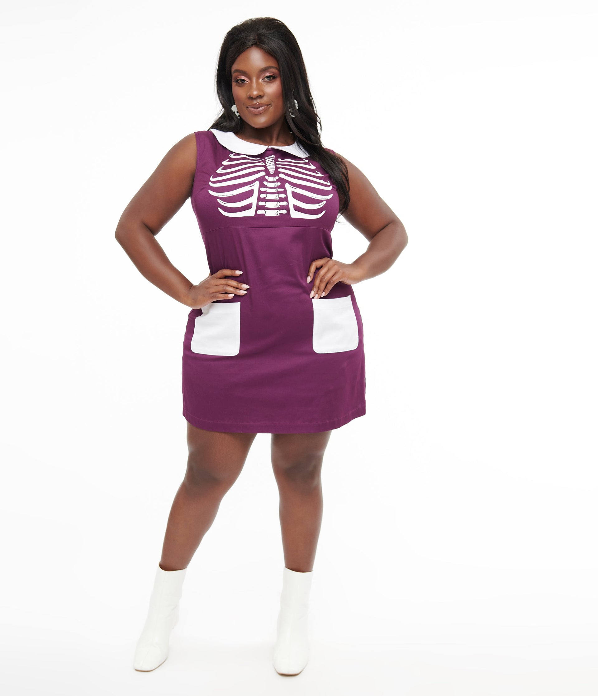 Smak Parlour Plus Size 1960s Purple & White Skeleton Power Mini Dress - Unique Vintage - Womens, HALLOWEEN, DRESSES