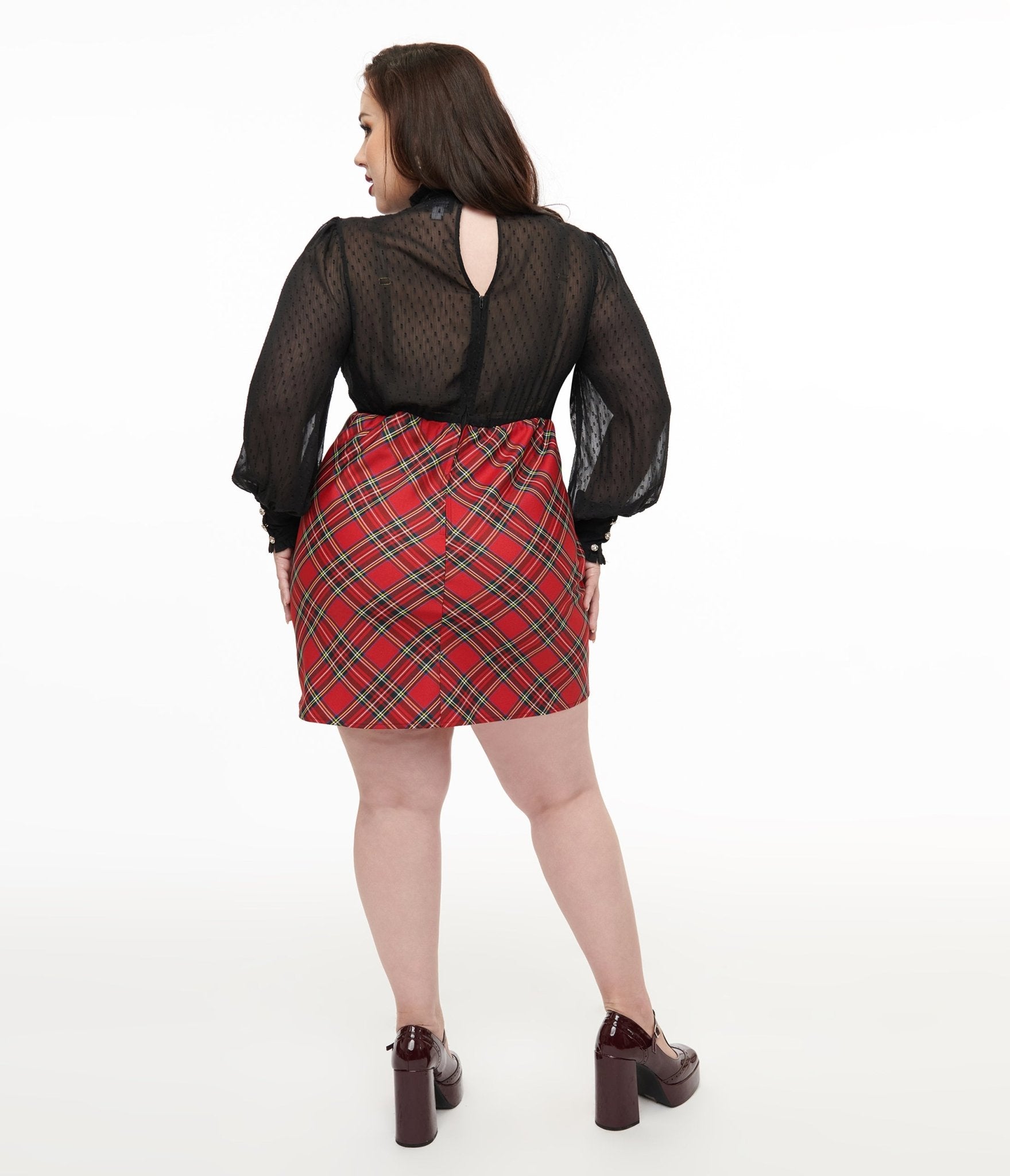 Smak Parlour Plus Size 1960s Red Plaid & Black Ruffle Neck A - Line Dress - Unique Vintage - Womens, DRESSES, SHIFTS