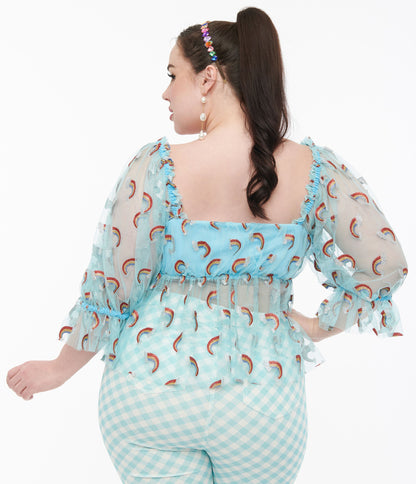 Smak Parlour Plus Size 1960s Sky Blue & Glitter Rainbow Mesh Ruffle Babydoll Top - Unique Vintage - Womens, TOPS, WOVEN TOPS