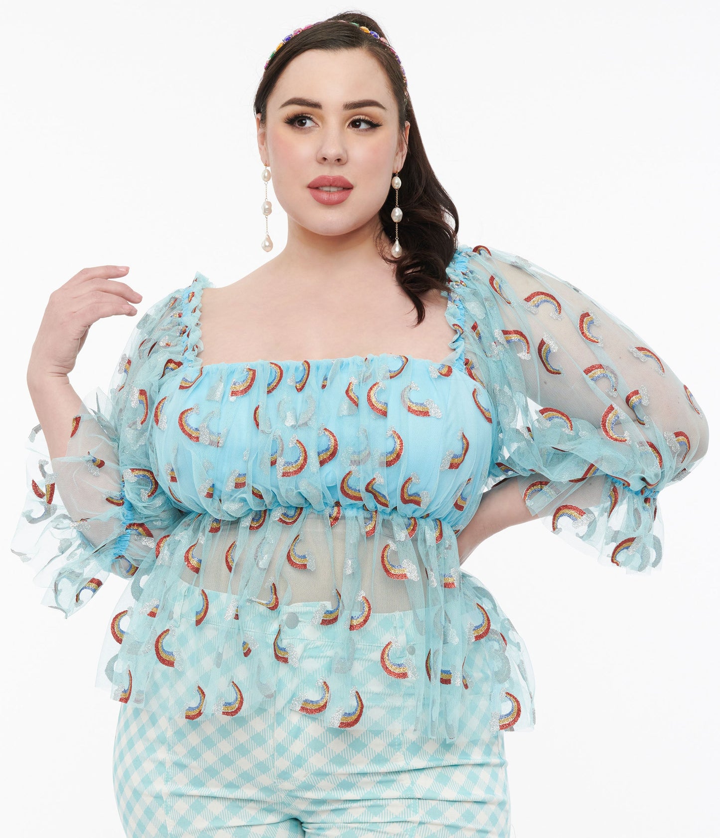 Smak Parlour Plus Size 1960s Sky Blue & Glitter Rainbow Mesh Ruffle Babydoll Top - Unique Vintage - Womens, TOPS, WOVEN TOPS