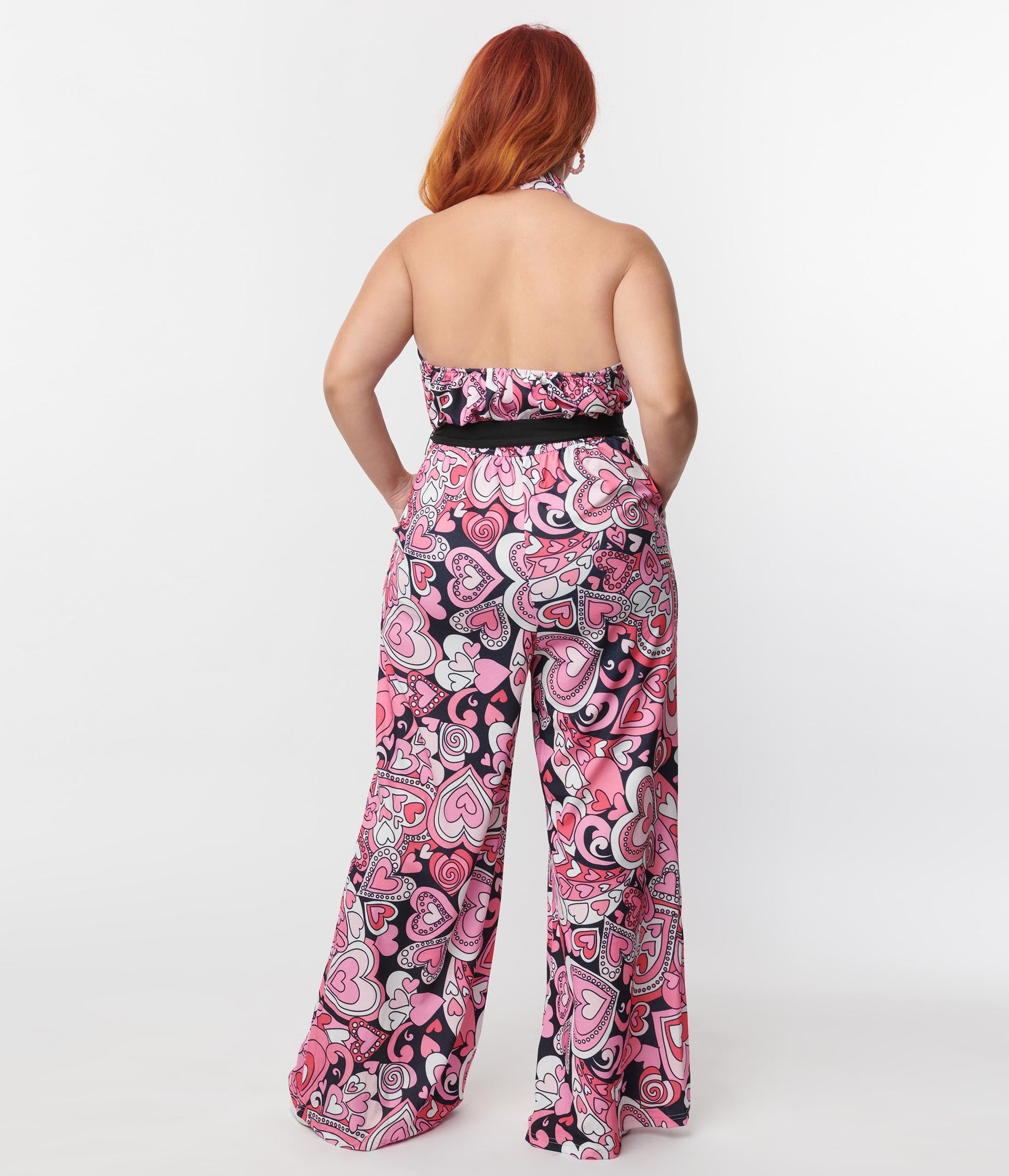 Smak Parlour Plus Size 1970s Black & Pink Psychedelic Hearts Jumpsuit - Unique Vintage - Womens, BOTTOMS, ROMPERS & JUMPSUITS