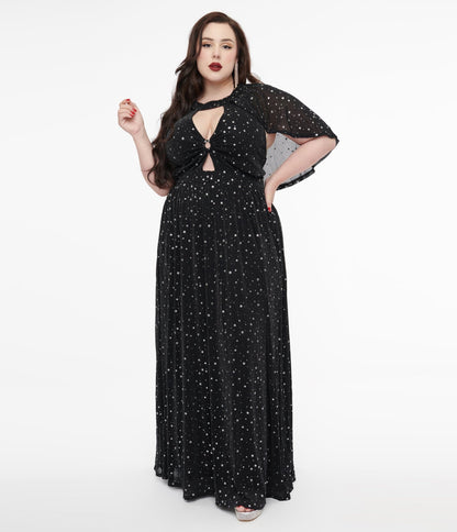 Smak Parlour Plus Size 1970s Black & Silver Star Cape Maxi Dress - Unique Vintage - Womens, DRESSES, MAXI