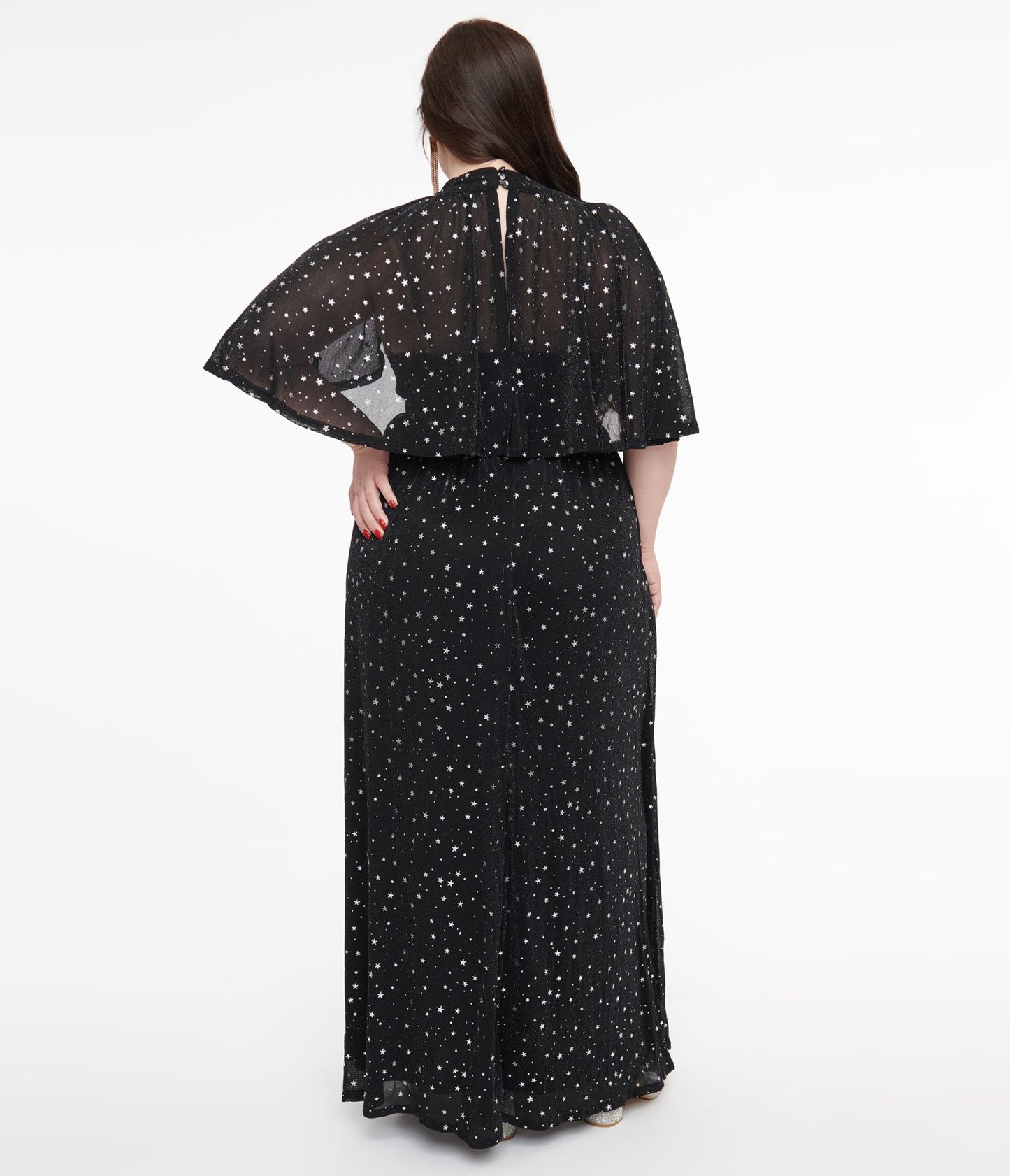 Smak Parlour Plus Size 1970s Black & Silver Star Cape Maxi Dress - Unique Vintage - Womens, DRESSES, MAXI