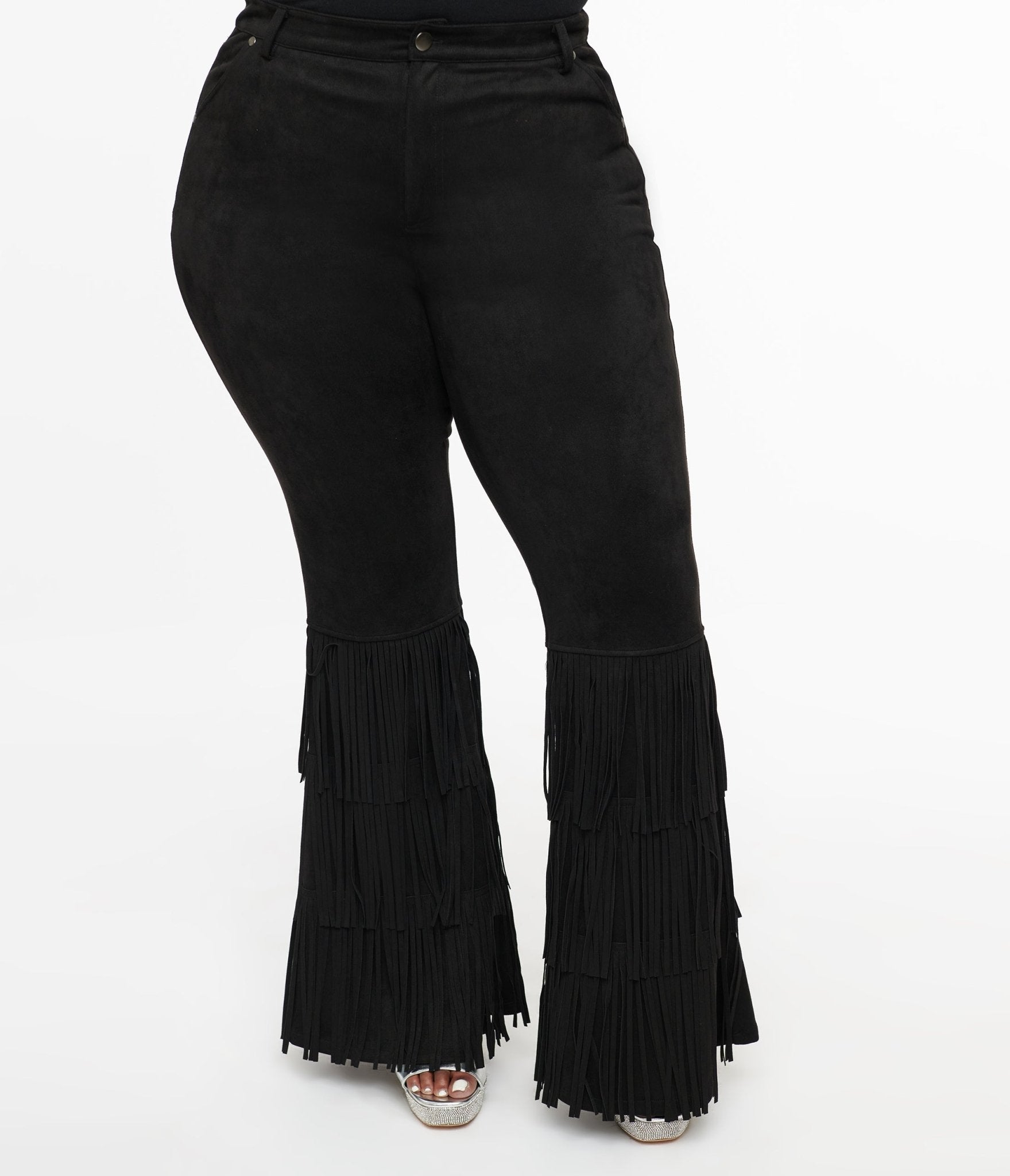 Smak Parlour Plus Size 1970s Black Suede Tassel Flare Pants - Unique Vintage - Womens, BOTTOMS, PANTS