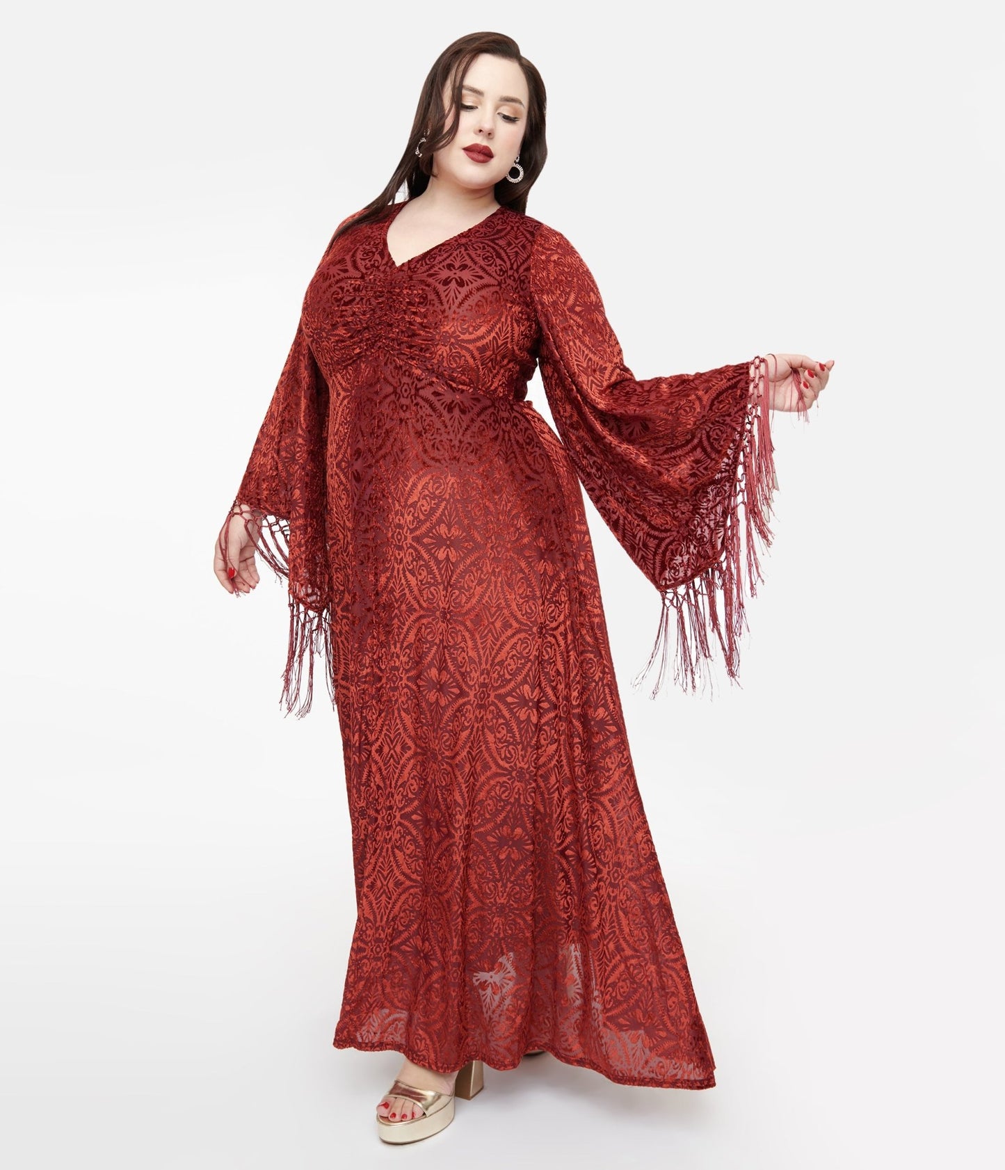 Smak Parlour Plus Size 1970s Burgundy Velvet Burnout Fringe Sleeve Maxi Dress - Unique Vintage - Womens, DRESSES, MAXI