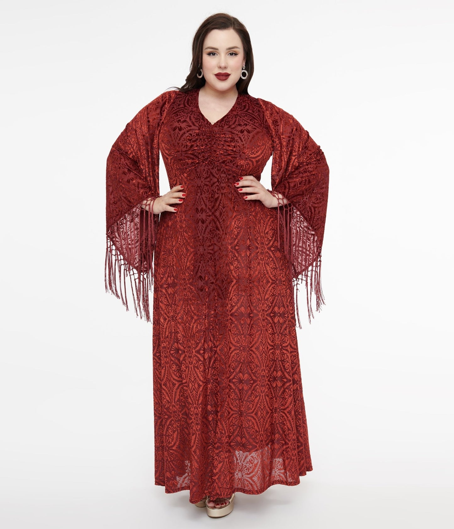 Smak Parlour Plus Size 1970s Burgundy Velvet Burnout Fringe Sleeve Maxi Dress - Unique Vintage - Womens, DRESSES, MAXI