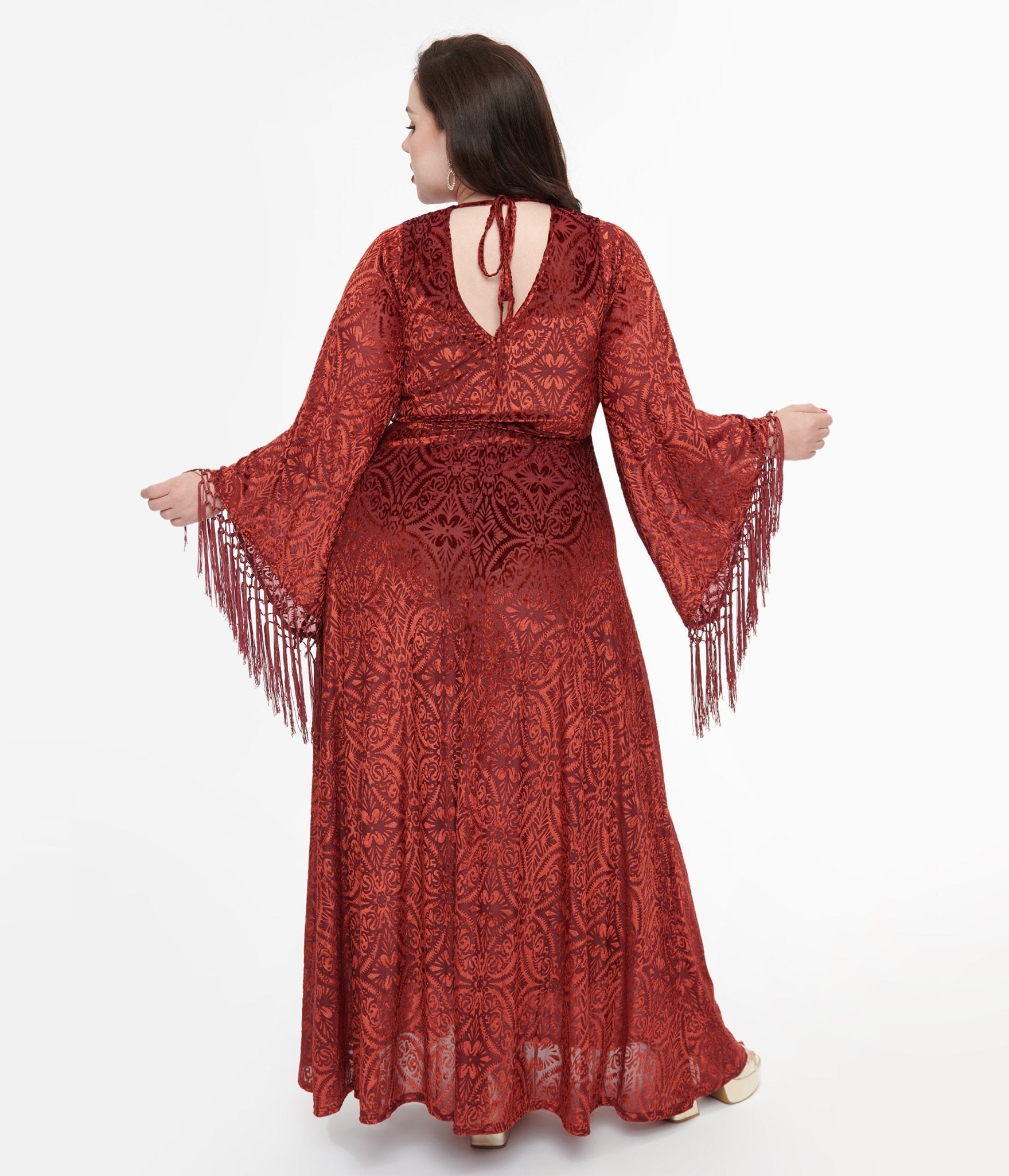 Smak Parlour Plus Size 1970s Burgundy Velvet Burnout Fringe Sleeve Maxi Dress - Unique Vintage - Womens, DRESSES, MAXI