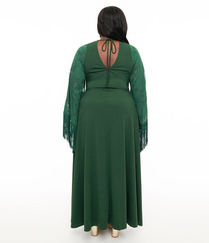 Smak Parlour Plus Size 1970s Green Fringe Sleeve Maxi Dress - Unique Vintage - Womens, DRESSES, MAXI