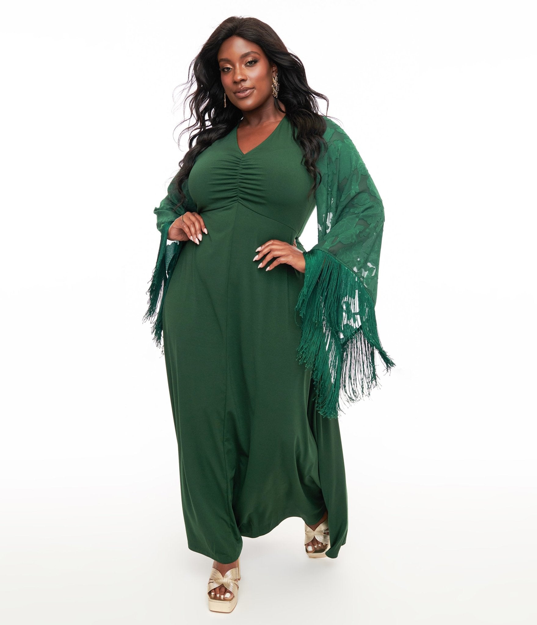 Smak Parlour Plus Size 1970s Green Fringe Sleeve Maxi Dress - Unique Vintage - Womens, DRESSES, MAXI