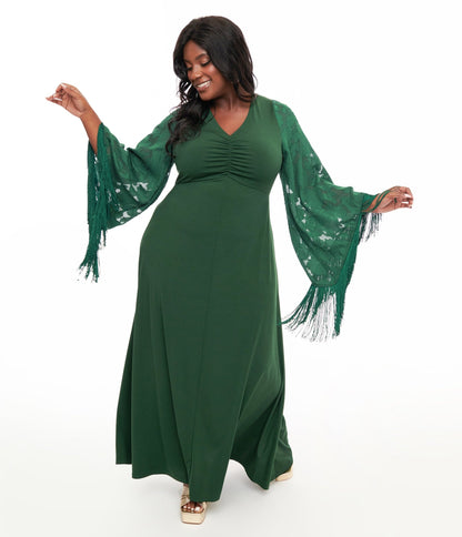 Smak Parlour Plus Size 1970s Green Fringe Sleeve Maxi Dress - Unique Vintage - Womens, DRESSES, MAXI