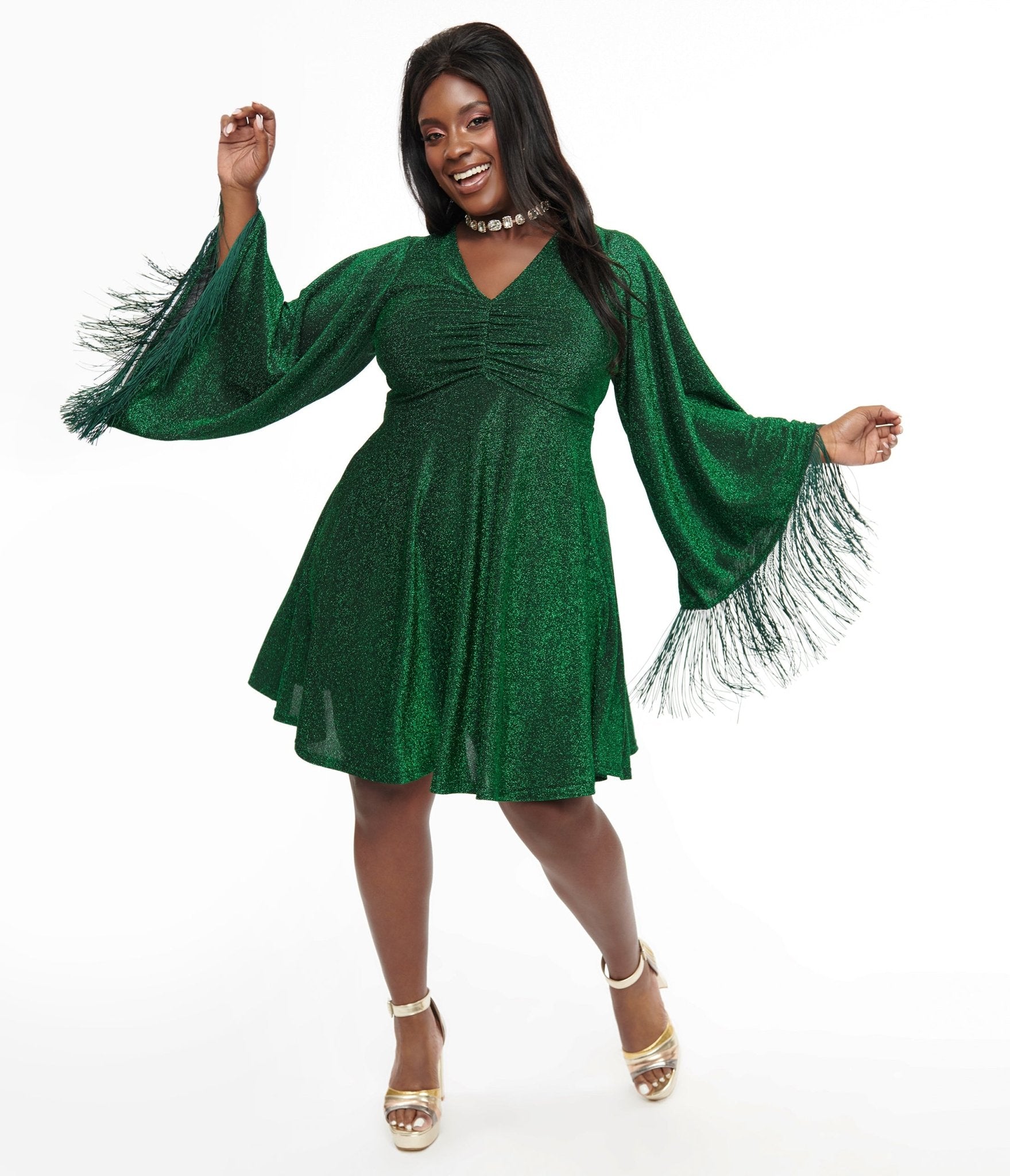 Smak Parlour Plus Size 1970s Green Sparkle & Fringe Bell Sleeves Dress - Unique Vintage - Womens, DRESSES, FIT AND FLARE