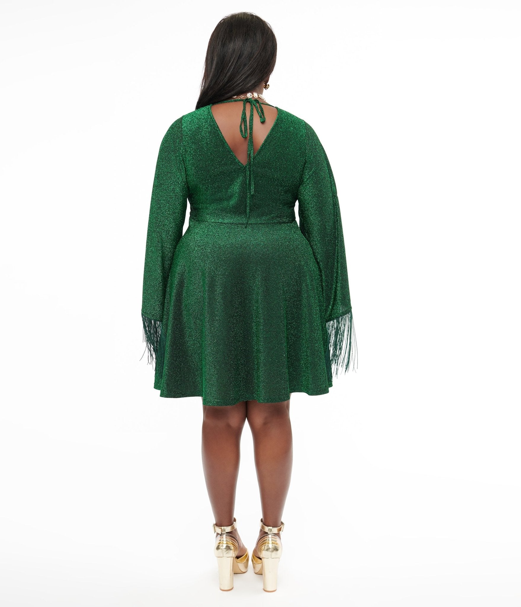 Smak Parlour Plus Size 1970s Green Sparkle & Fringe Bell Sleeves Dress - Unique Vintage - Womens, DRESSES, FIT AND FLARE