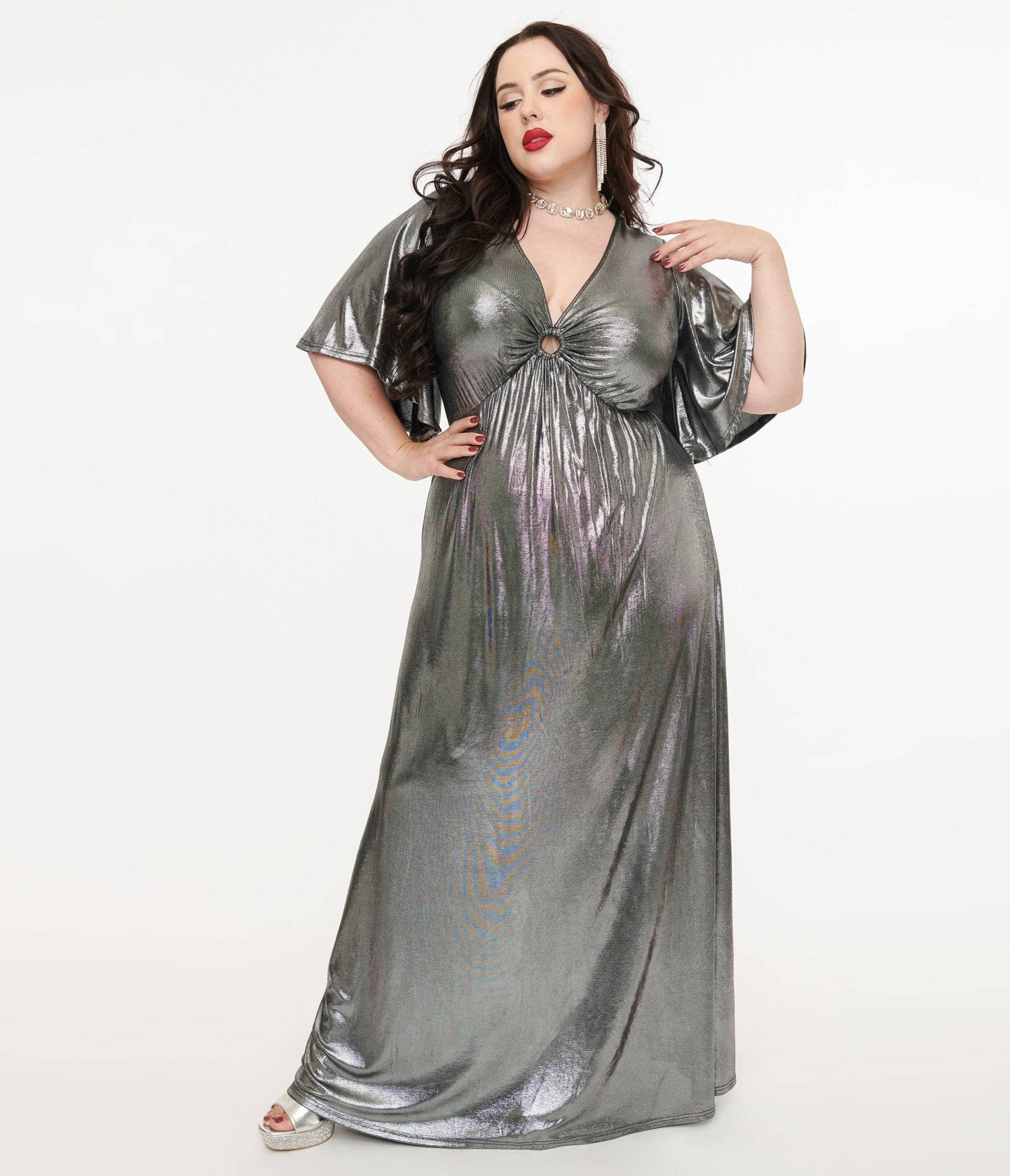 Smak Parlour Plus Size 1970s Metallic Silver Cutout Maxi Dress - Unique Vintage - Womens, DRESSES, MAXI