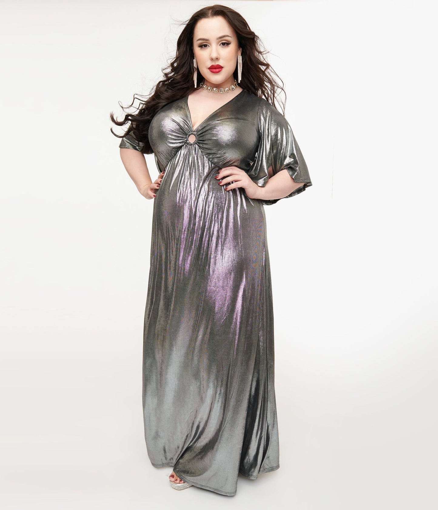 Smak Parlour Plus Size 1970s Metallic Silver Cutout Maxi Dress - Unique Vintage - Womens, DRESSES, MAXI