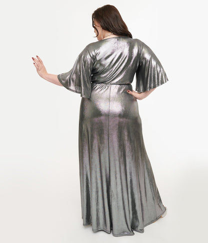 Smak Parlour Plus Size 1970s Metallic Silver Cutout Maxi Dress - Unique Vintage - Womens, DRESSES, MAXI