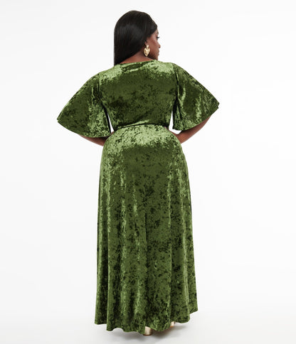 Smak Parlour Plus Size 1970s Mossy Green Velvet Cutout Maxi Dress - Unique Vintage - Womens, DRESSES, MAXI