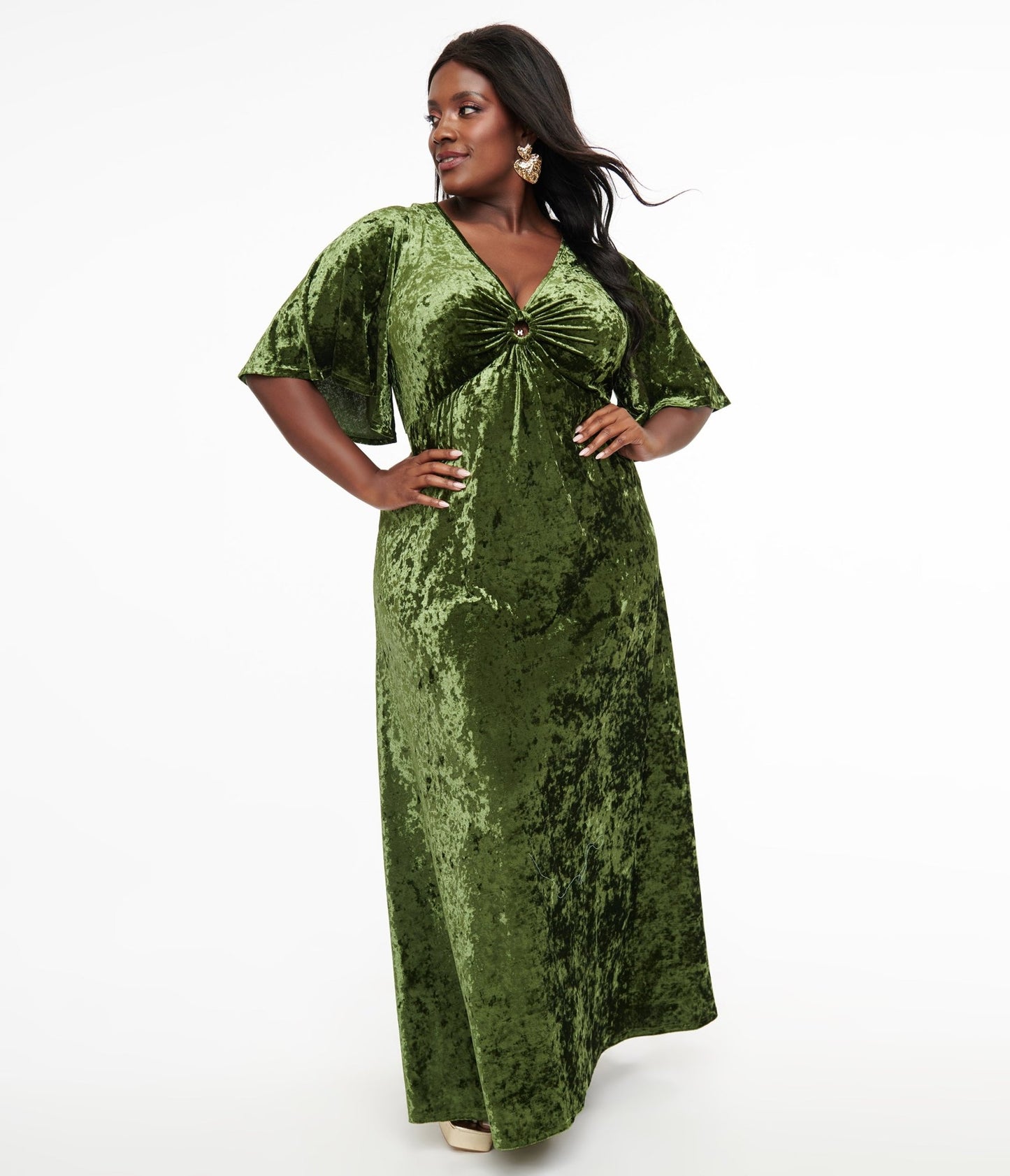 Smak Parlour Plus Size 1970s Mossy Green Velvet Cutout Maxi Dress - Unique Vintage - Womens, DRESSES, MAXI