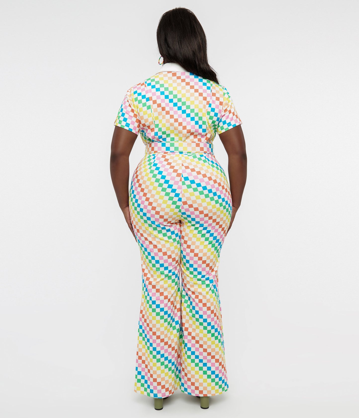 Smak Parlour Plus Size 1970s Rainbow Check Flare Jumpsuit - Unique Vintage - Womens, BOTTOMS, ROMPERS AND JUMPSUITS