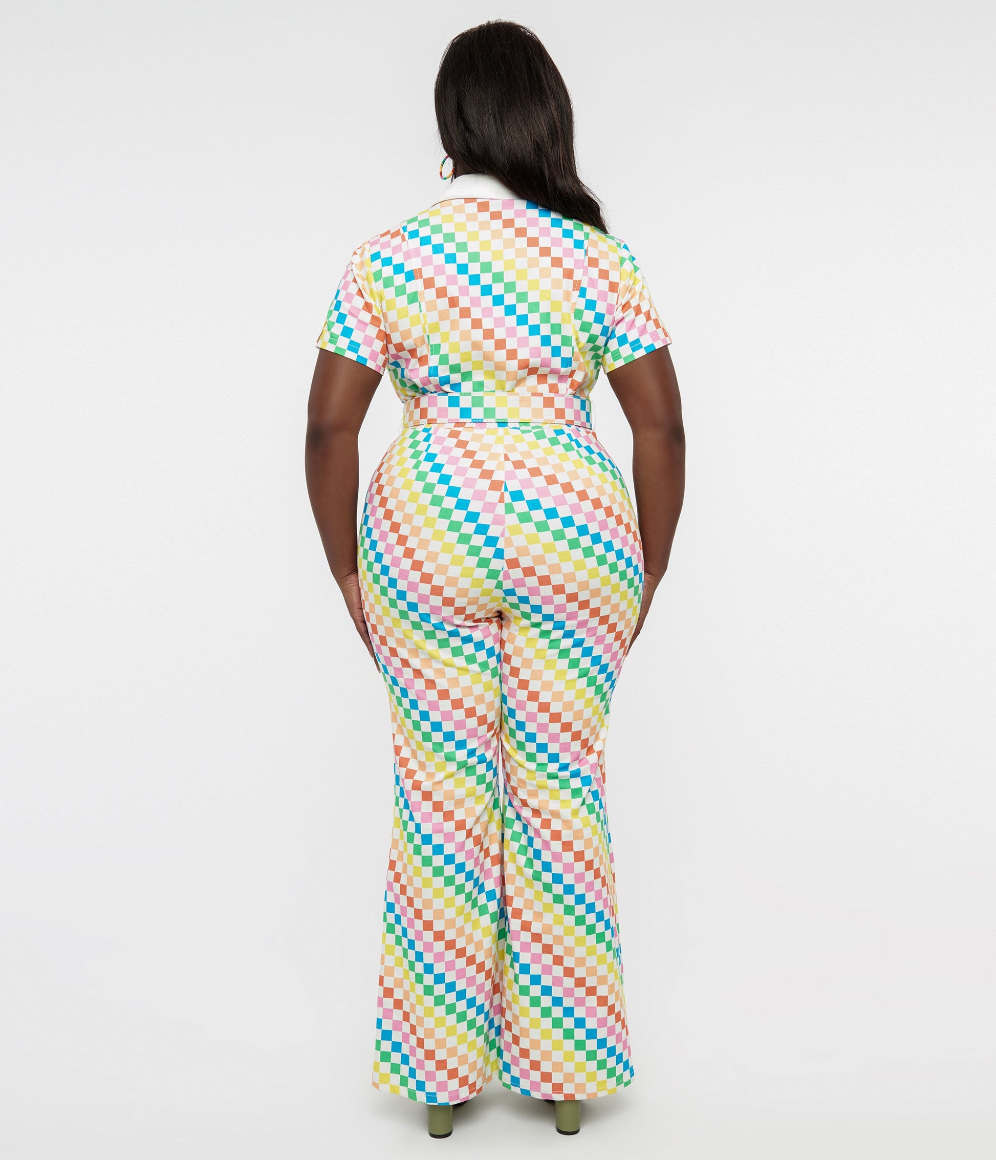 Smak Parlour Plus Size 1970s Rainbow Check Flare Jumpsuit - Unique Vintage - Womens, BOTTOMS, ROMPERS AND JUMPSUITS