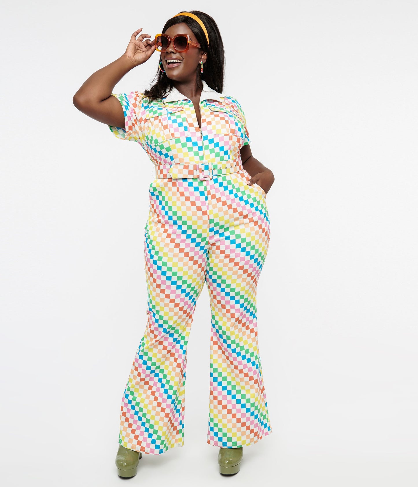 Smak Parlour Plus Size 1970s Rainbow Check Flare Jumpsuit - Unique Vintage - Womens, BOTTOMS, ROMPERS AND JUMPSUITS