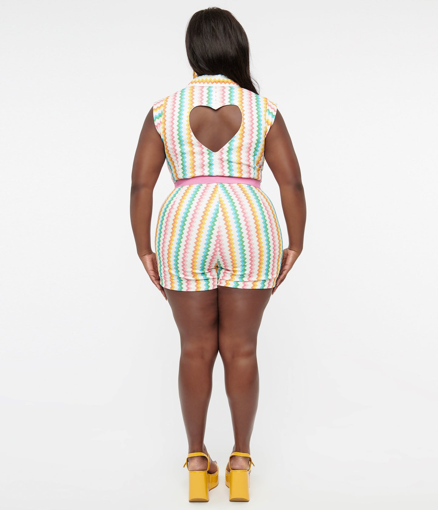 Smak Parlour Plus Size 1970s Rainbow Zig Zag Belted Romper - Unique Vintage - Womens, BOTTOMS, ROMPERS AND JUMPSUITS