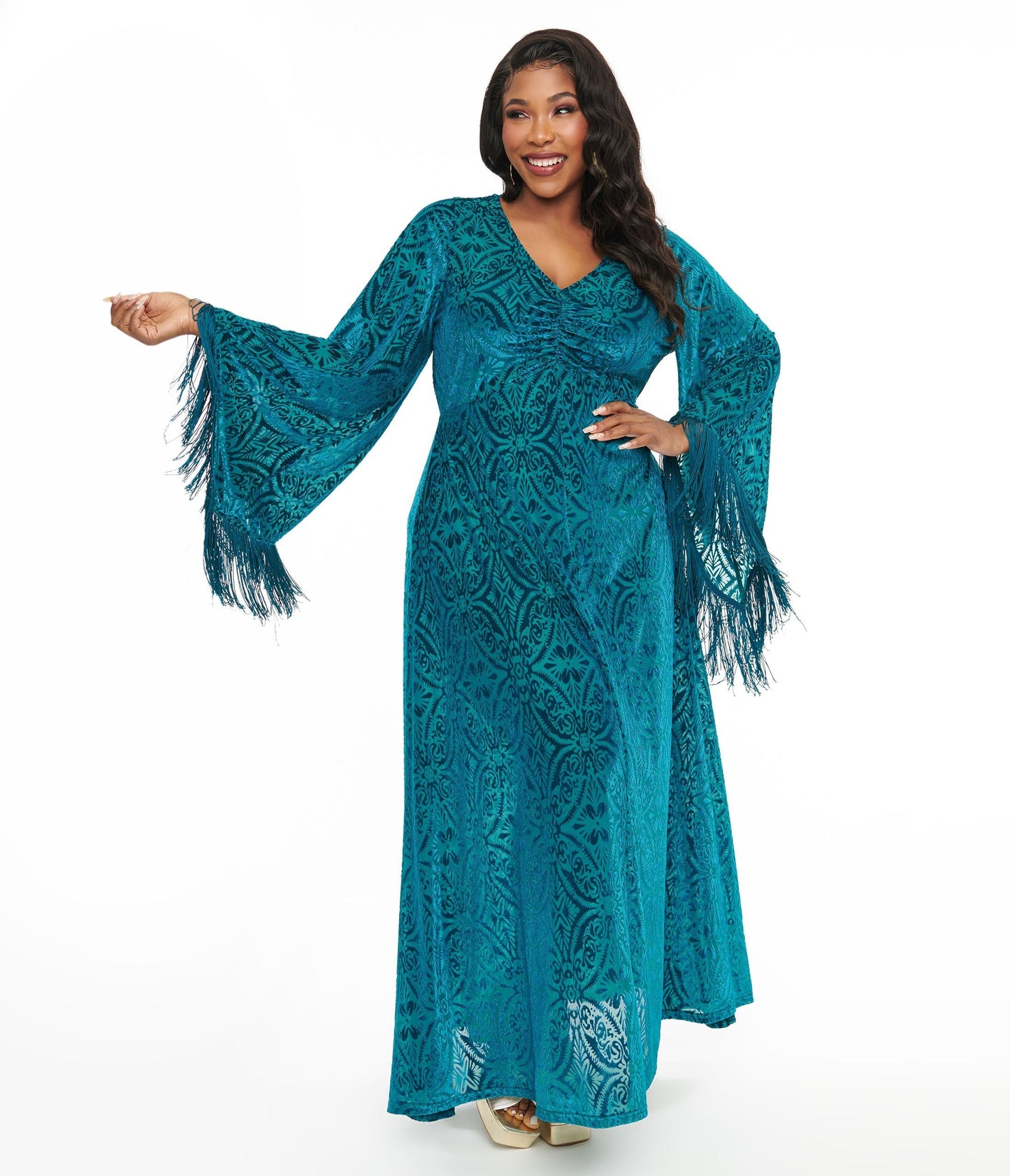 Smak Parlour Plus Size 1970s Teal Floral Fringe Sleeve Maxi Dress - Unique Vintage - Womens, DRESSES, MAXI