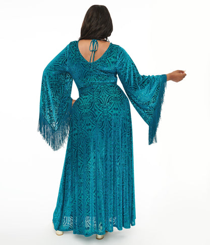 Smak Parlour Plus Size 1970s Teal Floral Fringe Sleeve Maxi Dress - Unique Vintage - Womens, DRESSES, MAXI