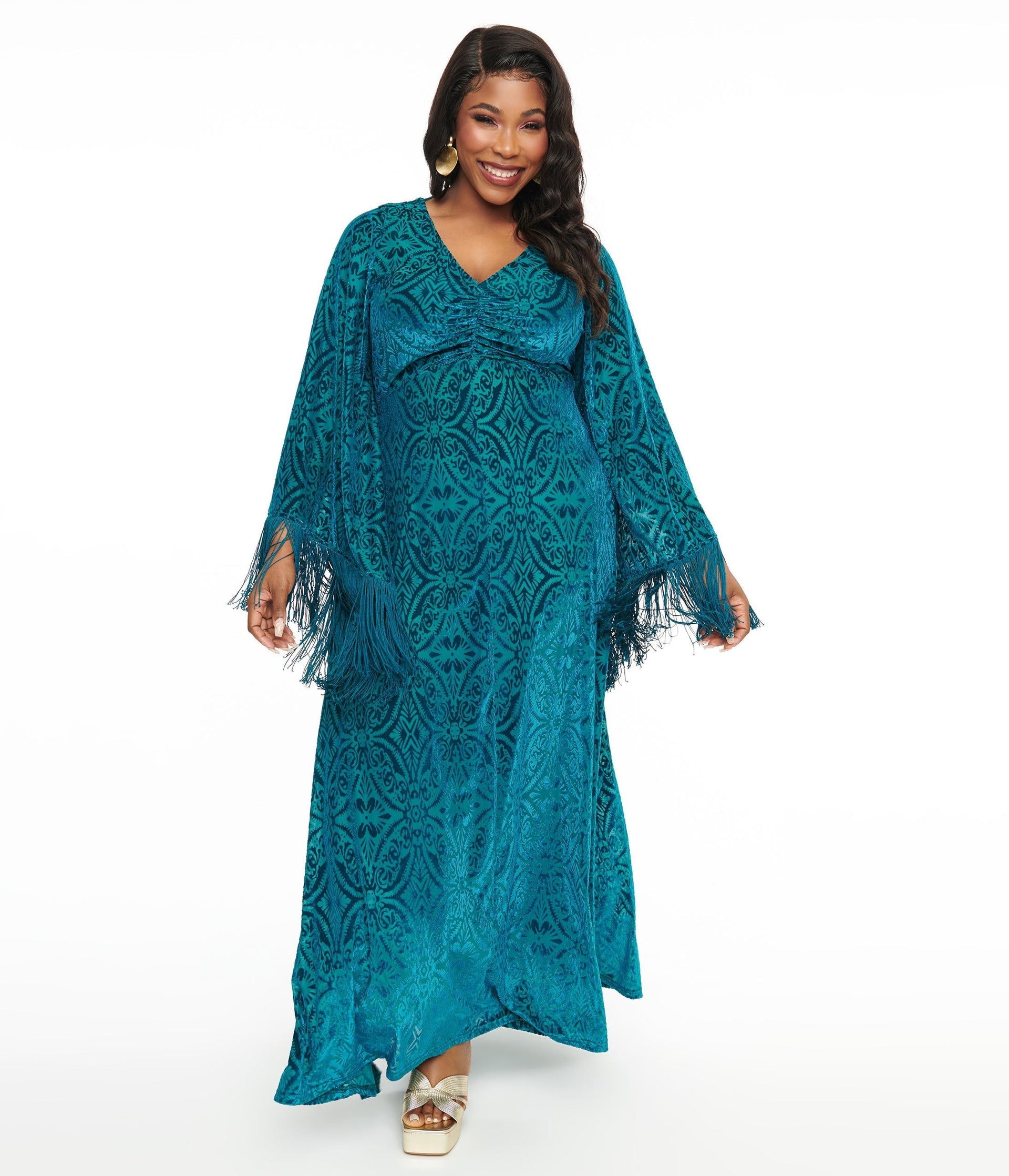 Smak Parlour Plus Size 1970s Teal Floral Fringe Sleeve Maxi Dress - Unique Vintage - Womens, DRESSES, MAXI