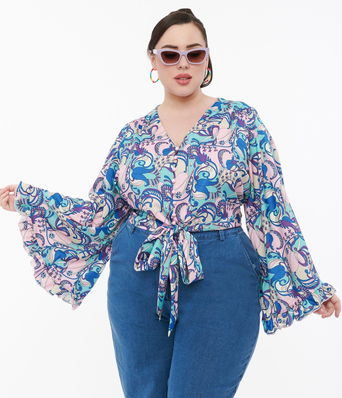 Smak Parlour Plus Size Blue & Purple Psychedelic Floral Belva Crop Blouse - Unique Vintage - Womens, TOPS, WOVEN TOPS