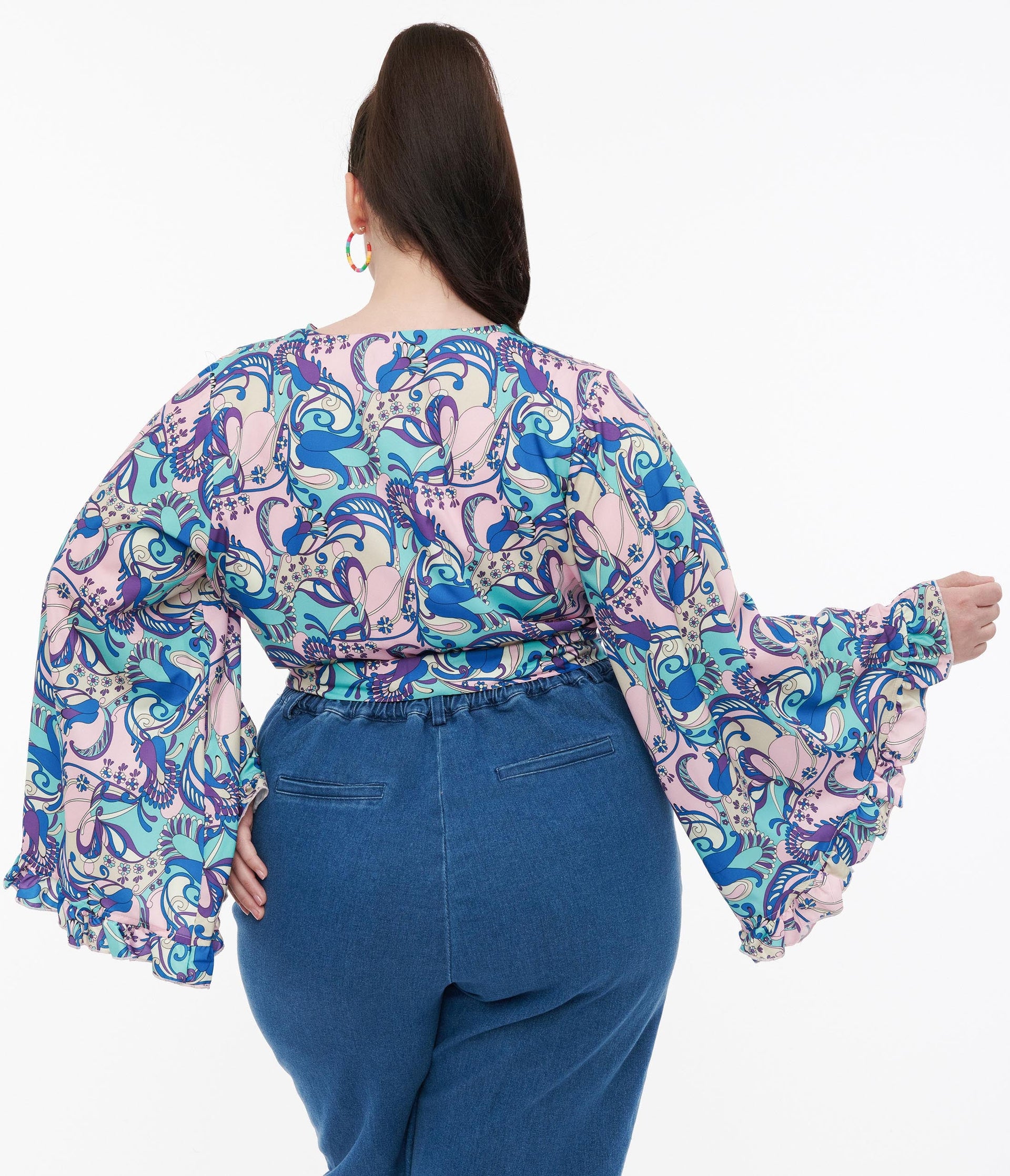 Smak Parlour Plus Size Blue & Purple Psychedelic Floral Belva Crop Blouse - Unique Vintage - Womens, TOPS, WOVEN TOPS