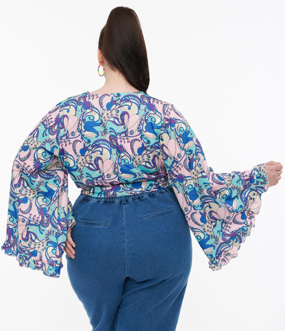 Smak Parlour Plus Size Blue & Purple Psychedelic Floral Belva Crop Blouse - Unique Vintage - Womens, TOPS, WOVEN TOPS